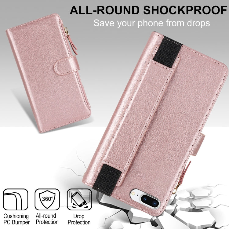For iPhone 8 Plus / 7 Plus Wristband Holder Zipper Purse RFID Leather Phone Case