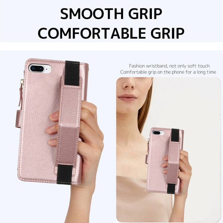 For iPhone 8 Plus / 7 Plus Wristband Holder Zipper Purse RFID Leather Phone Case