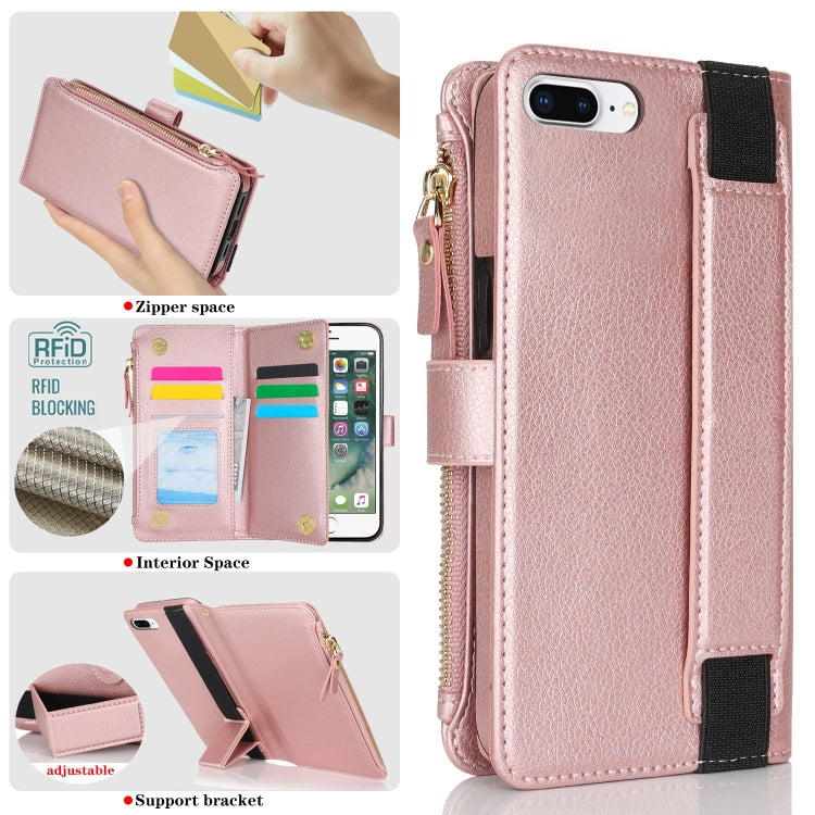 For iPhone 8 Plus / 7 Plus Wristband Holder Zipper Purse RFID Leather Phone Case