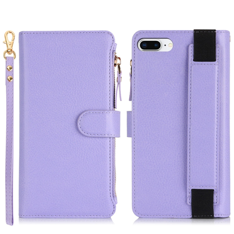 For iPhone 8 Plus / 7 Plus Wristband Holder Zipper Purse RFID Leather Phone Case