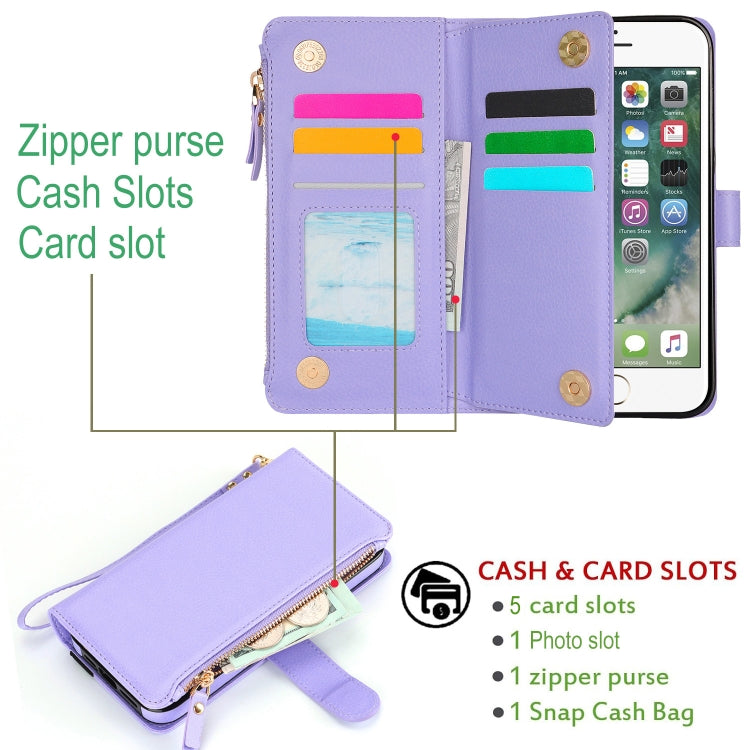 For iPhone 8 Plus / 7 Plus Wristband Holder Zipper Purse RFID Leather Phone Case