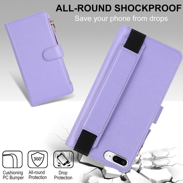 For iPhone 8 Plus / 7 Plus Wristband Holder Zipper Purse RFID Leather Phone Case