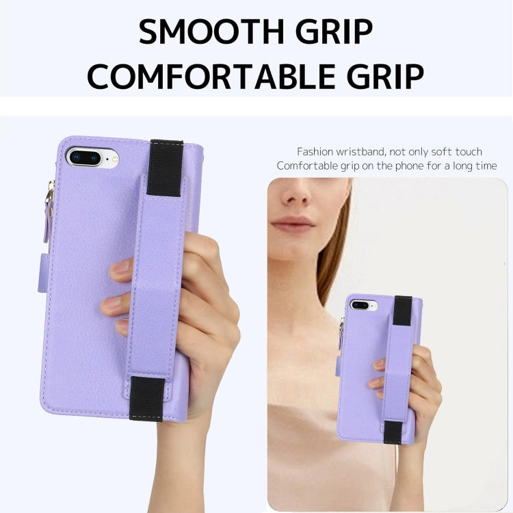 For iPhone 8 Plus / 7 Plus Wristband Holder Zipper Purse RFID Leather Phone Case
