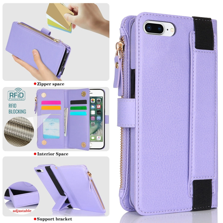 For iPhone 8 Plus / 7 Plus Wristband Holder Zipper Purse RFID Leather Phone Case