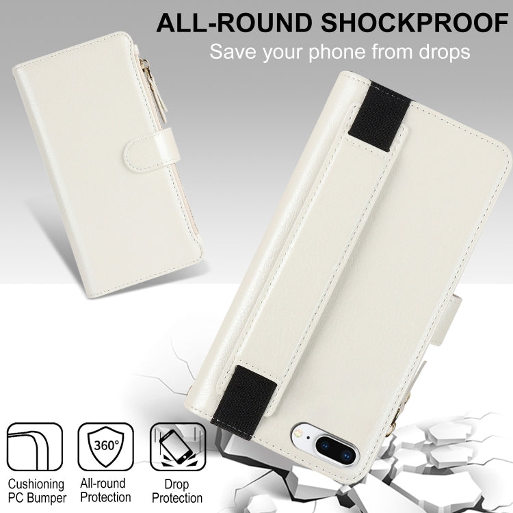 For iPhone 8 Plus / 7 Plus Wristband Holder Zipper Purse RFID Leather Phone Case