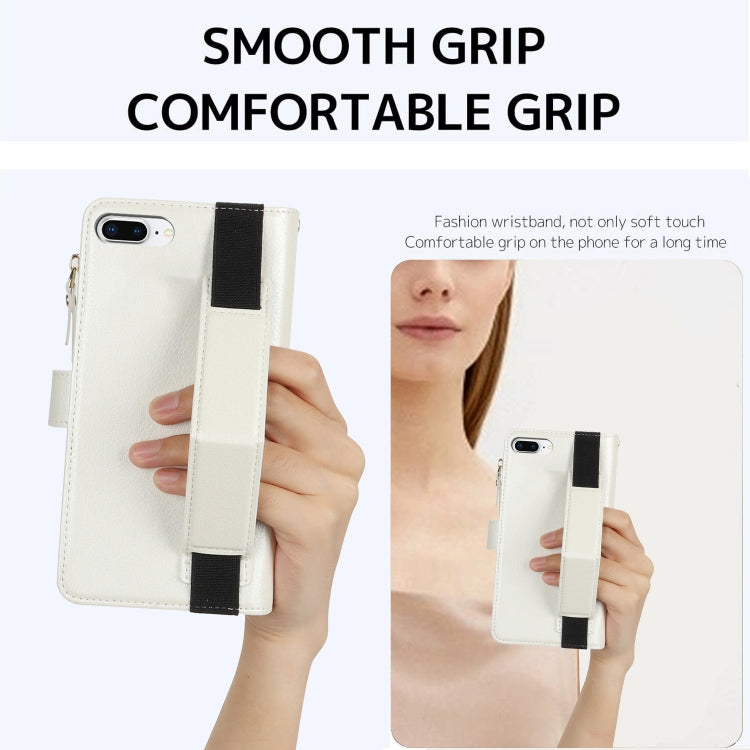 For iPhone 8 Plus / 7 Plus Wristband Holder Zipper Purse RFID Leather Phone Case