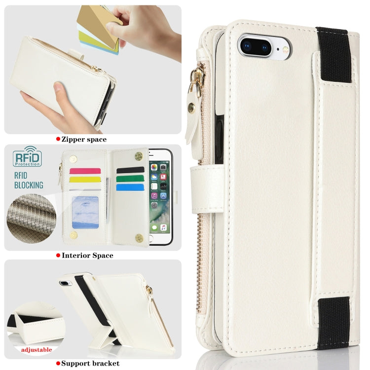 For iPhone 8 Plus / 7 Plus Wristband Holder Zipper Purse RFID Leather Phone Case