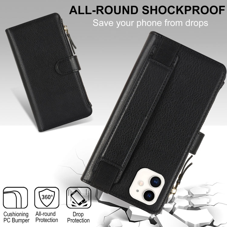 For iPhone 11 Wristband Holder Zipper Purse RFID Leather Phone Case