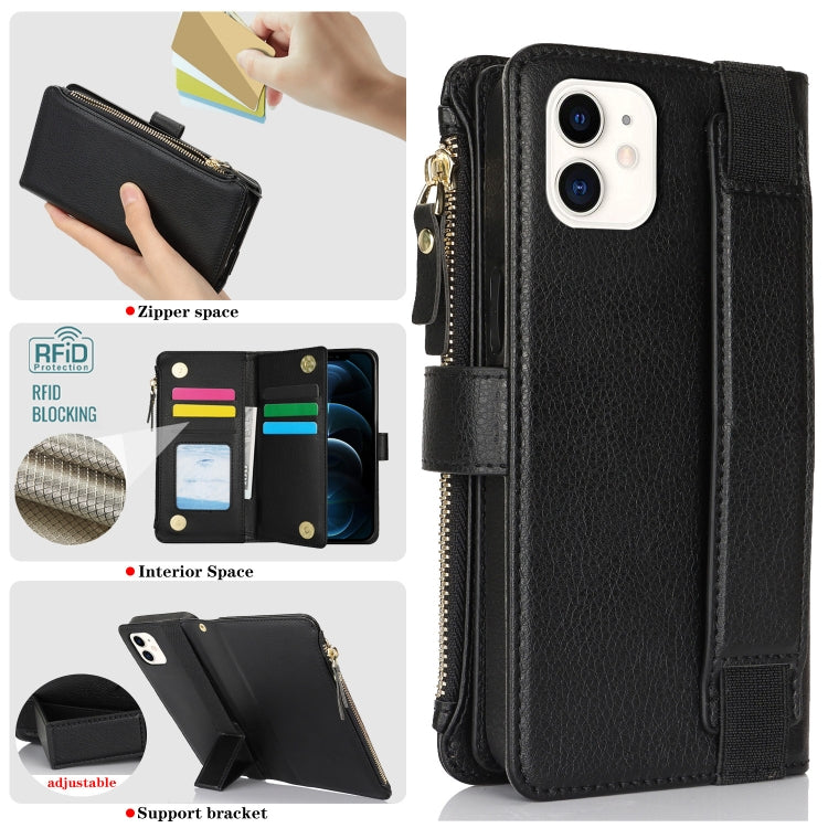 For iPhone 11 Wristband Holder Zipper Purse RFID Leather Phone Case