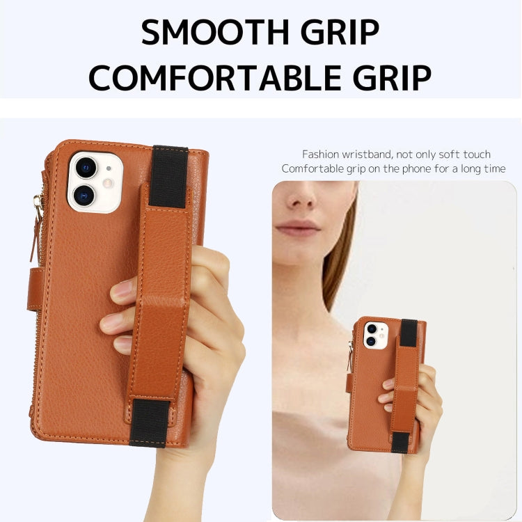 For iPhone 11 Wristband Holder Zipper Purse RFID Leather Phone Case