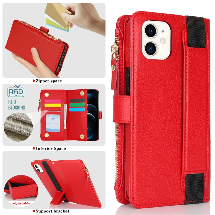 For iPhone 11 Wristband Holder Zipper Purse RFID Leather Phone Case