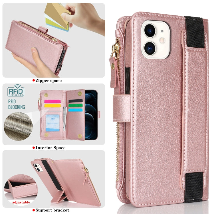 For iPhone 11 Wristband Holder Zipper Purse RFID Leather Phone Case