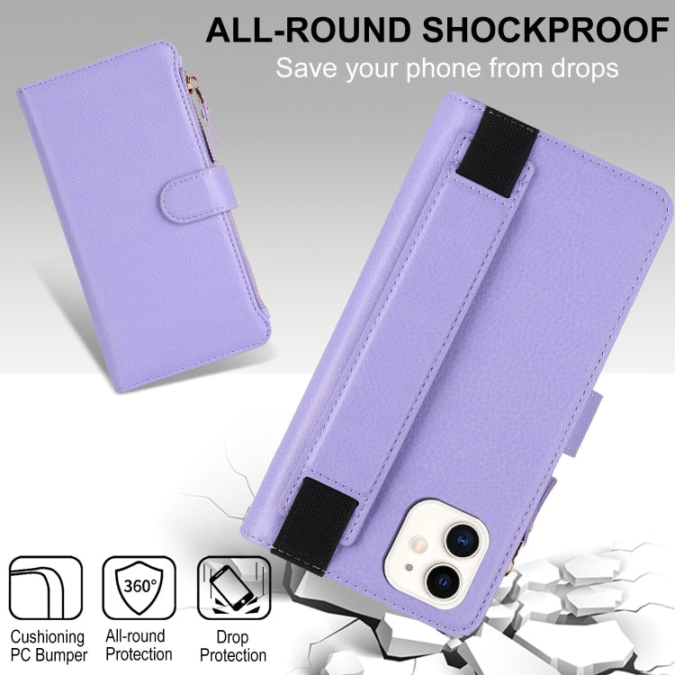 For iPhone 11 Wristband Holder Zipper Purse RFID Leather Phone Case