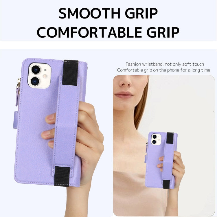 For iPhone 11 Wristband Holder Zipper Purse RFID Leather Phone Case
