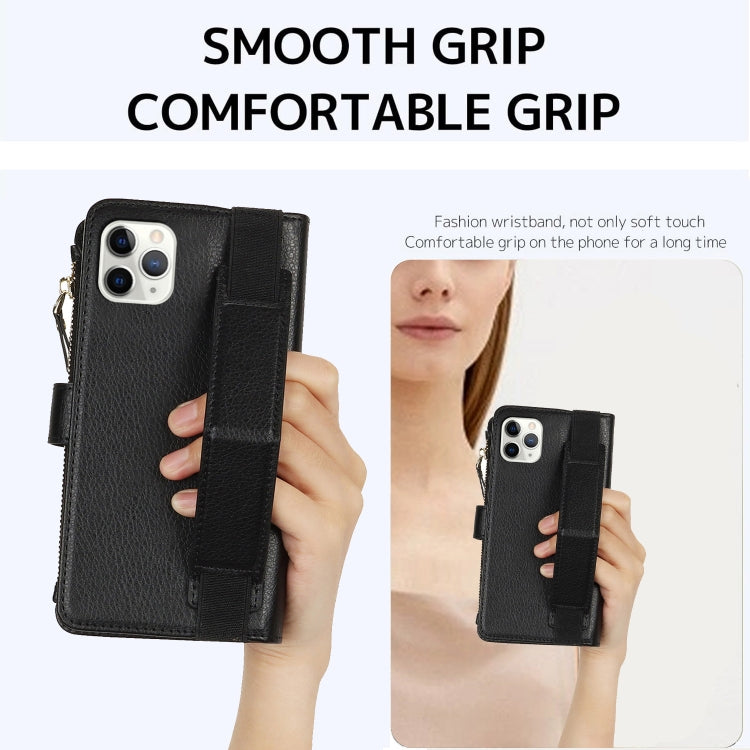 For iPhone 11 Pro Wristband Holder Zipper Purse RFID Leather Phone Case
