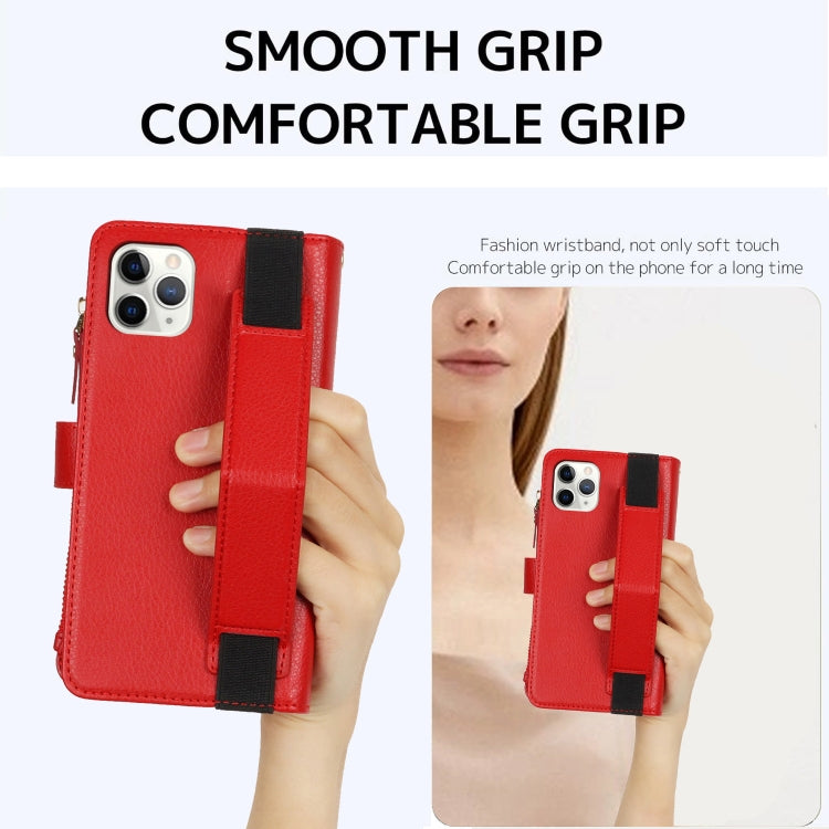 For iPhone 11 Pro Wristband Holder Zipper Purse RFID Leather Phone Case