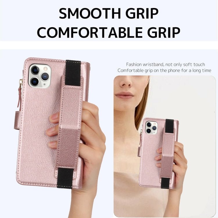For iPhone 11 Pro Wristband Holder Zipper Purse RFID Leather Phone Case