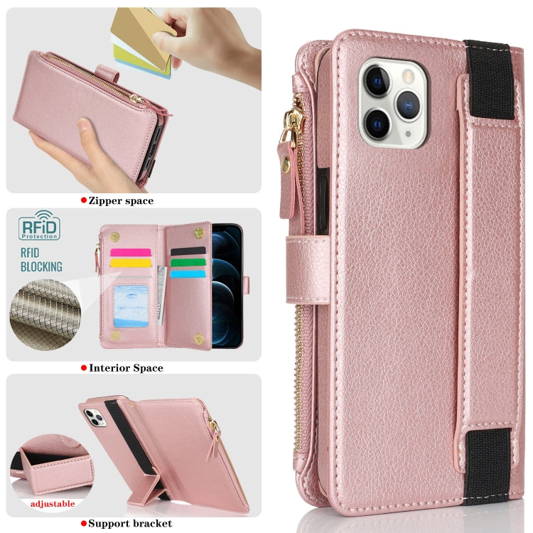 For iPhone 11 Pro Wristband Holder Zipper Purse RFID Leather Phone Case