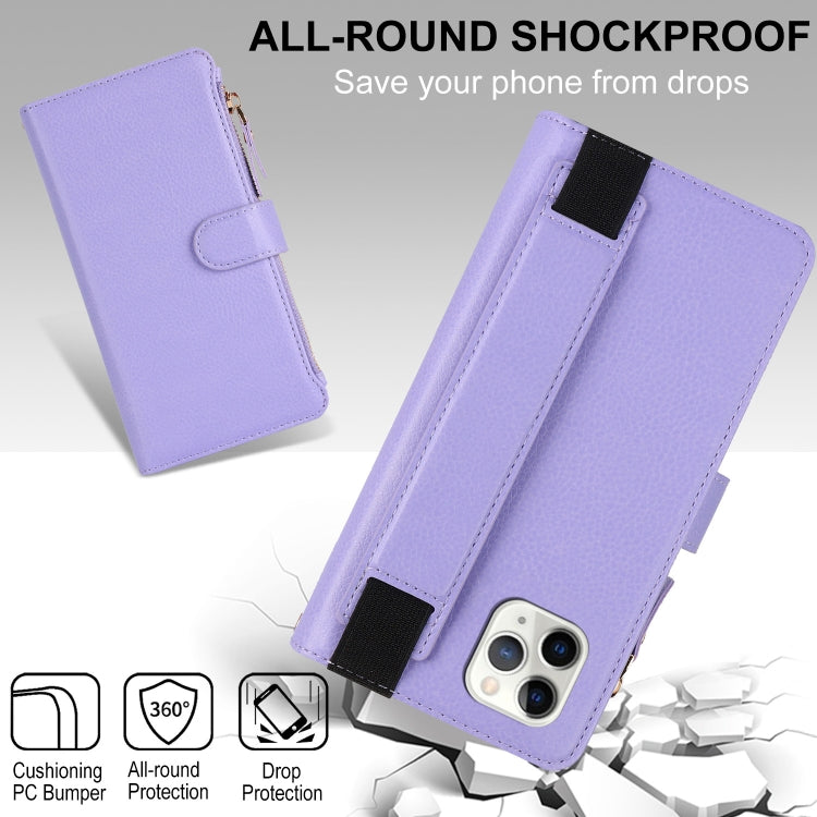 For iPhone 11 Pro Wristband Holder Zipper Purse RFID Leather Phone Case