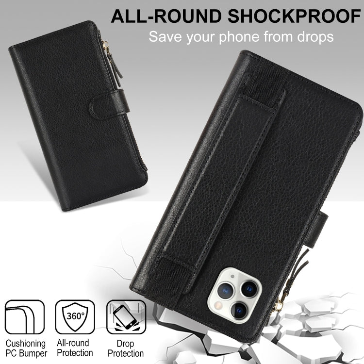 For iPhone 11 Pro Max Wristband Holder Zipper Purse RFID Leather Phone Case