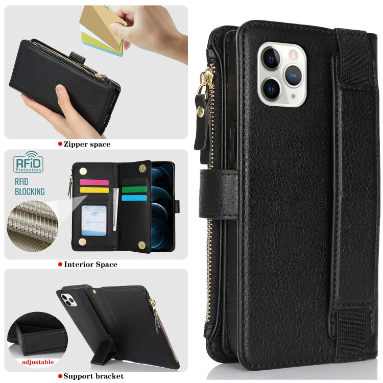 For iPhone 11 Pro Max Wristband Holder Zipper Purse RFID Leather Phone Case
