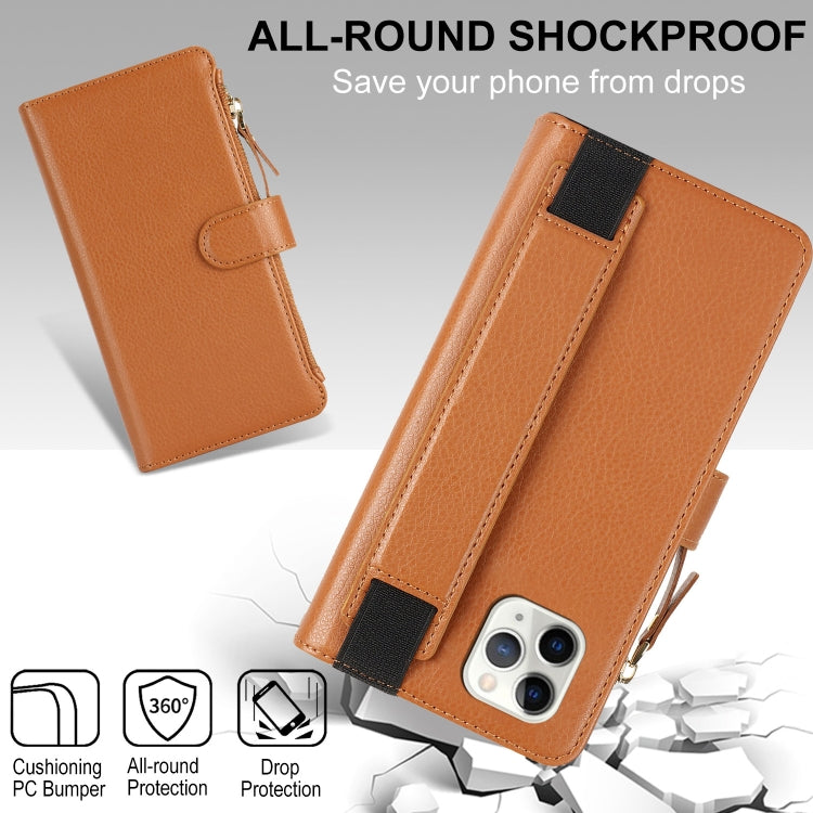 For iPhone 11 Pro Max Wristband Holder Zipper Purse RFID Leather Phone Case