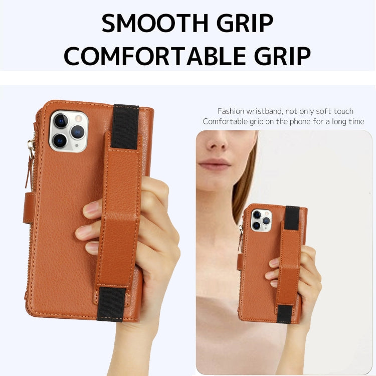 For iPhone 11 Pro Max Wristband Holder Zipper Purse RFID Leather Phone Case