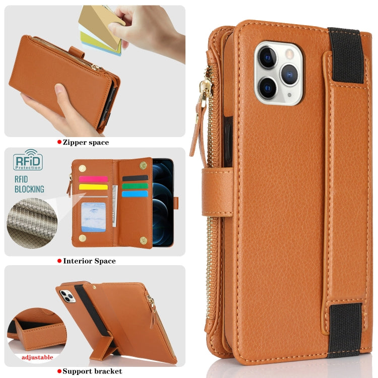 For iPhone 11 Pro Max Wristband Holder Zipper Purse RFID Leather Phone Case