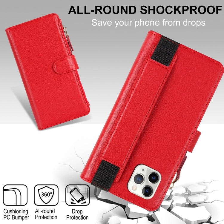 For iPhone 11 Pro Max Wristband Holder Zipper Purse RFID Leather Phone Case