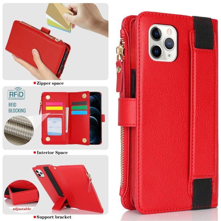For iPhone 11 Pro Max Wristband Holder Zipper Purse RFID Leather Phone Case