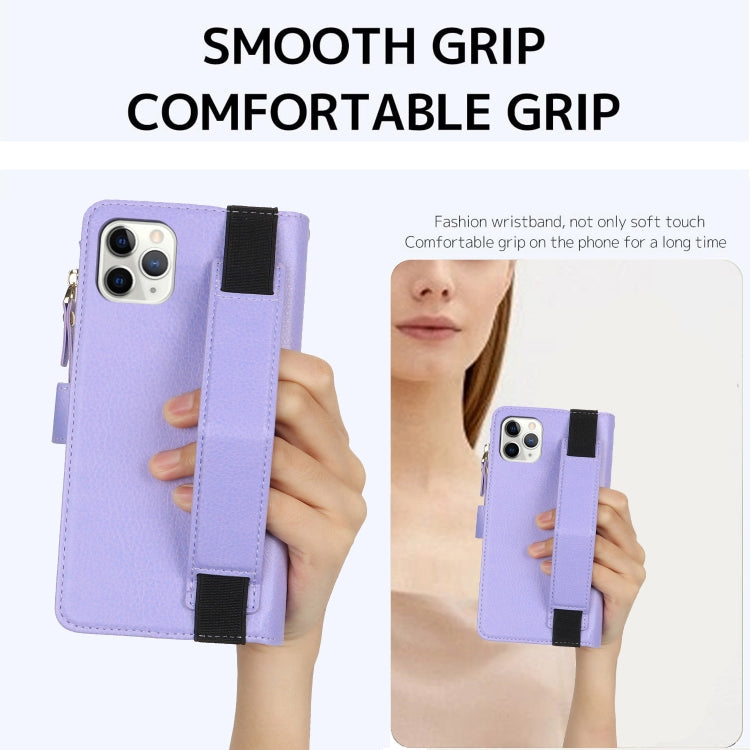 For iPhone 11 Pro Max Wristband Holder Zipper Purse RFID Leather Phone Case