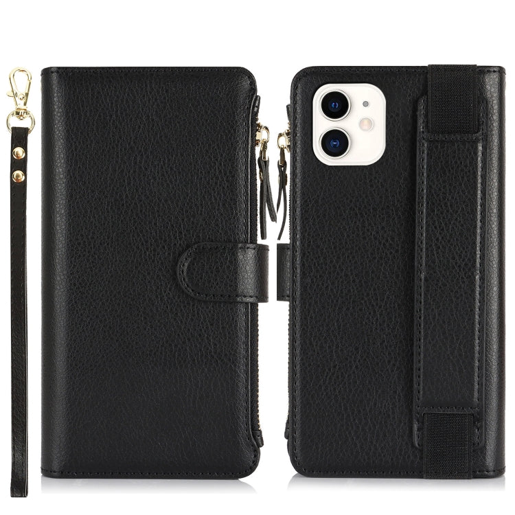 For iPhone 12 mini Wristband Holder Zipper Purse RFID Leather Phone Case