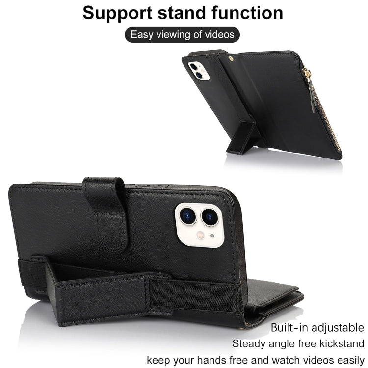 For iPhone 12 mini Wristband Holder Zipper Purse RFID Leather Phone Case