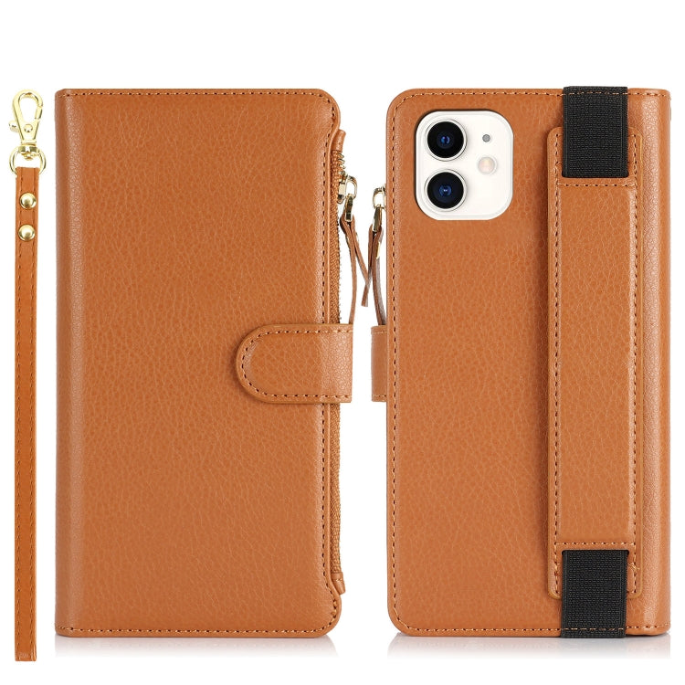 For iPhone 12 mini Wristband Holder Zipper Purse RFID Leather Phone Case