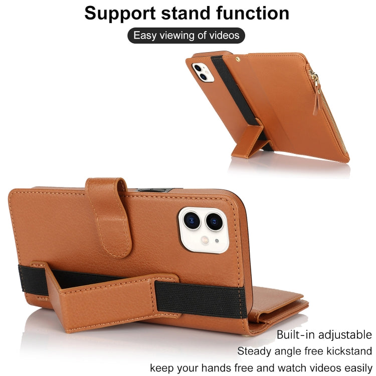 For iPhone 12 mini Wristband Holder Zipper Purse RFID Leather Phone Case