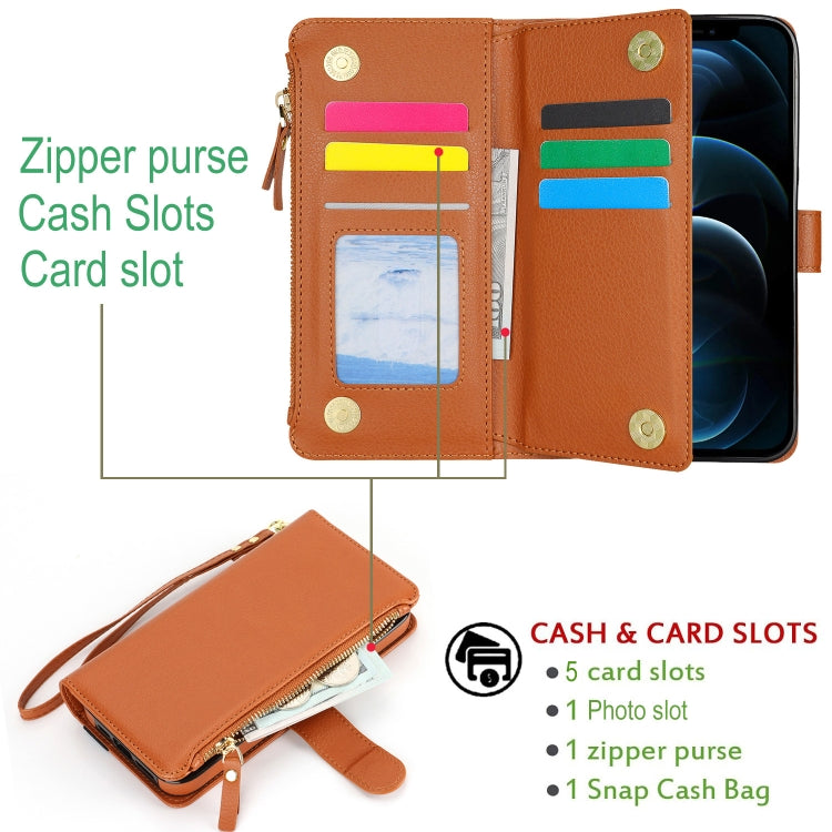For iPhone 12 mini Wristband Holder Zipper Purse RFID Leather Phone Case