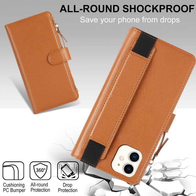 For iPhone 12 mini Wristband Holder Zipper Purse RFID Leather Phone Case