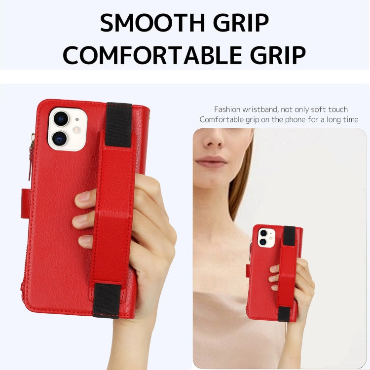 For iPhone 12 mini Wristband Holder Zipper Purse RFID Leather Phone Case