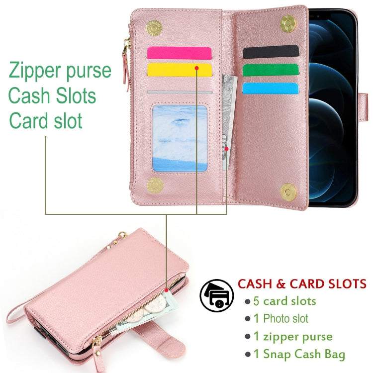 For iPhone 12 mini Wristband Holder Zipper Purse RFID Leather Phone Case