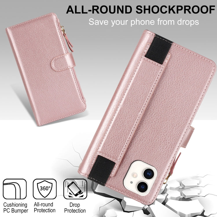For iPhone 12 mini Wristband Holder Zipper Purse RFID Leather Phone Case