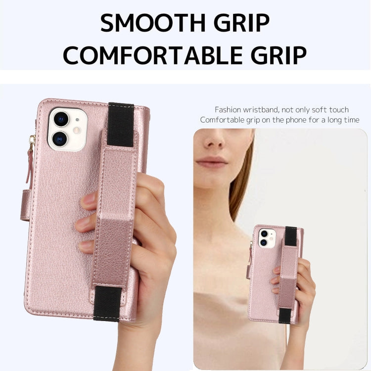 For iPhone 12 mini Wristband Holder Zipper Purse RFID Leather Phone Case