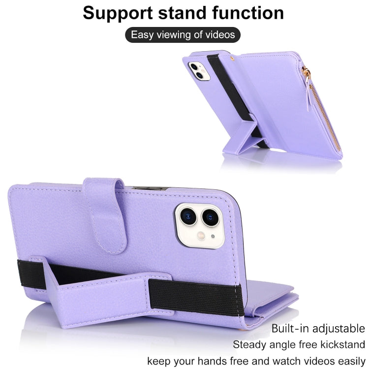 For iPhone 12 mini Wristband Holder Zipper Purse RFID Leather Phone Case