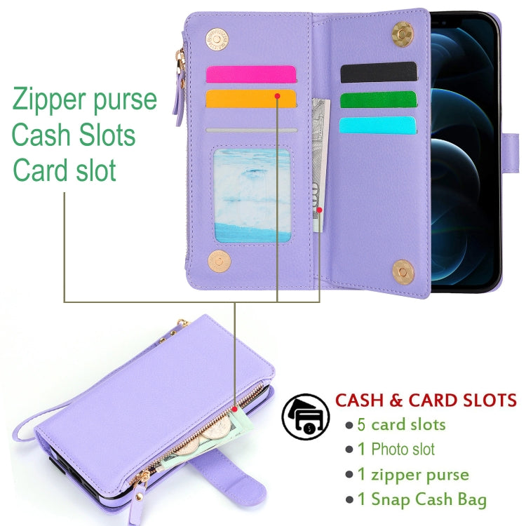 For iPhone 12 mini Wristband Holder Zipper Purse RFID Leather Phone Case
