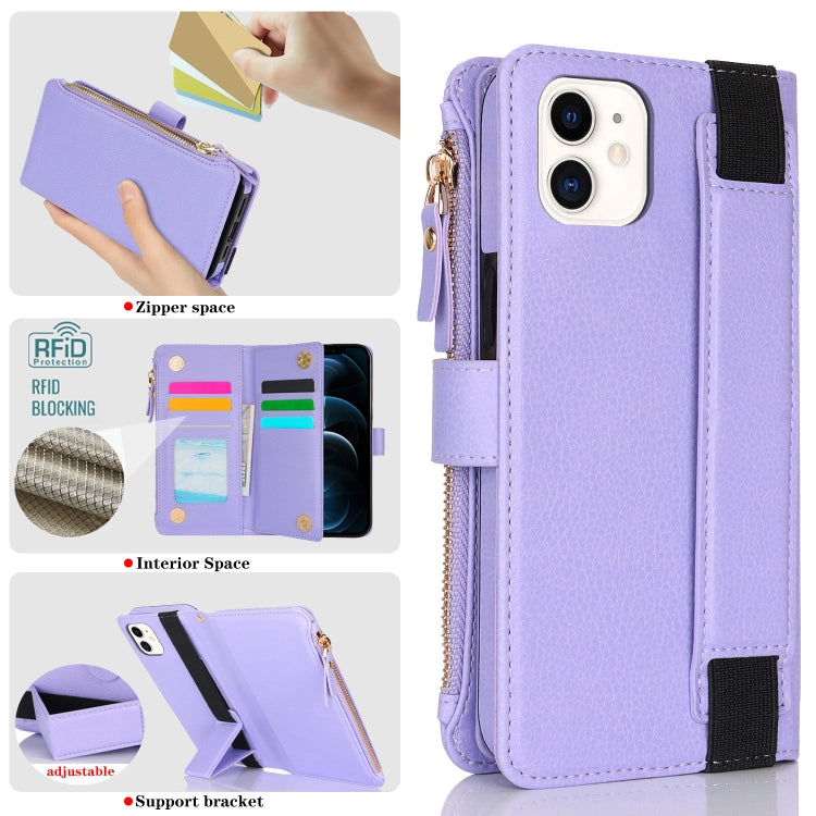 For iPhone 12 mini Wristband Holder Zipper Purse RFID Leather Phone Case