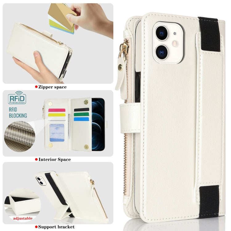 For iPhone 12 mini Wristband Holder Zipper Purse RFID Leather Phone Case