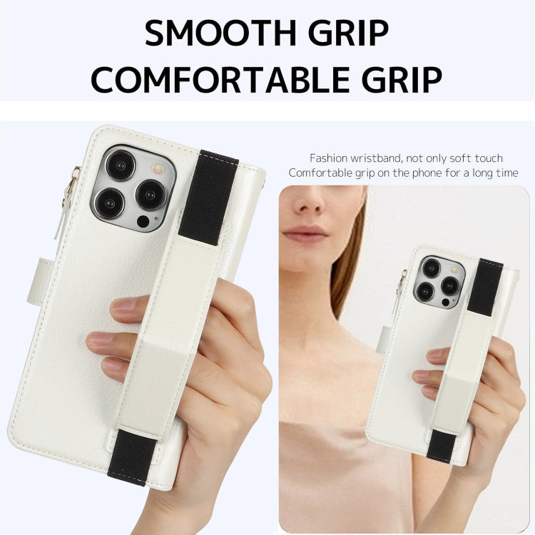 For iPhone 12 Pro Max Wristband Holder Zipper Purse RFID Leather Phone Case
