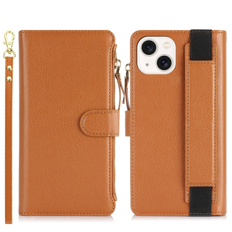 For iPhone 13 mini Wristband Holder Zipper Purse RFID Leather Phone Case