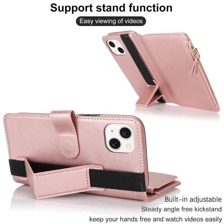 For iPhone 13 mini Wristband Holder Zipper Purse RFID Leather Phone Case