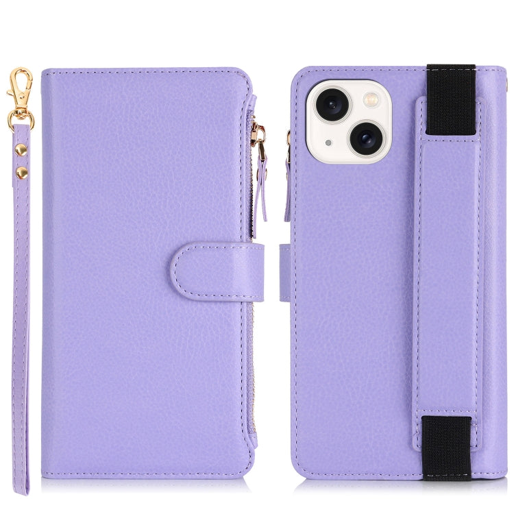 For iPhone 13 mini Wristband Holder Zipper Purse RFID Leather Phone Case