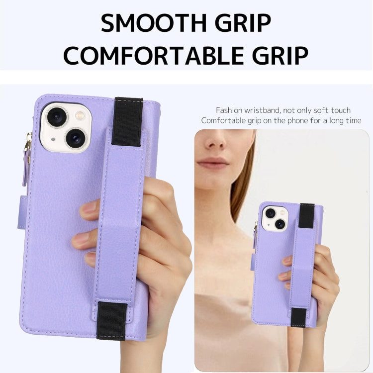 For iPhone 13 mini Wristband Holder Zipper Purse RFID Leather Phone Case